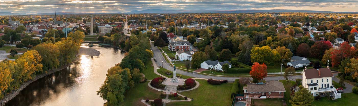 Aerial view of Plattsburgh, NY, neighborhoods and the Saranac River