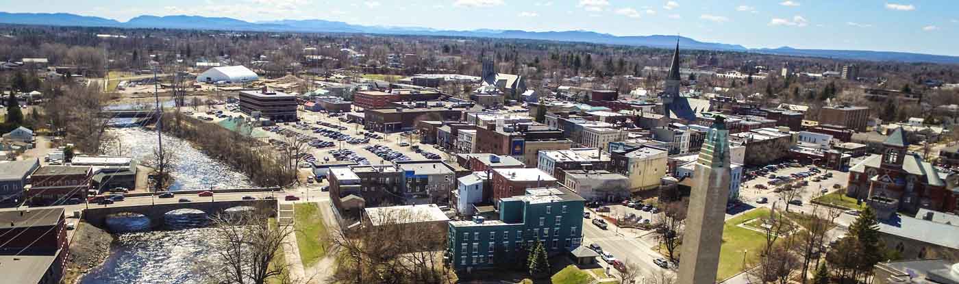An aerial view of the city of Plattsburgh, NY, in Clinton County.